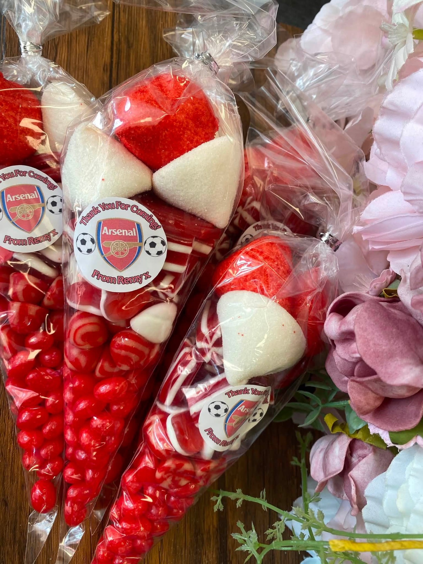 Arsenal themed red and white sweet cones