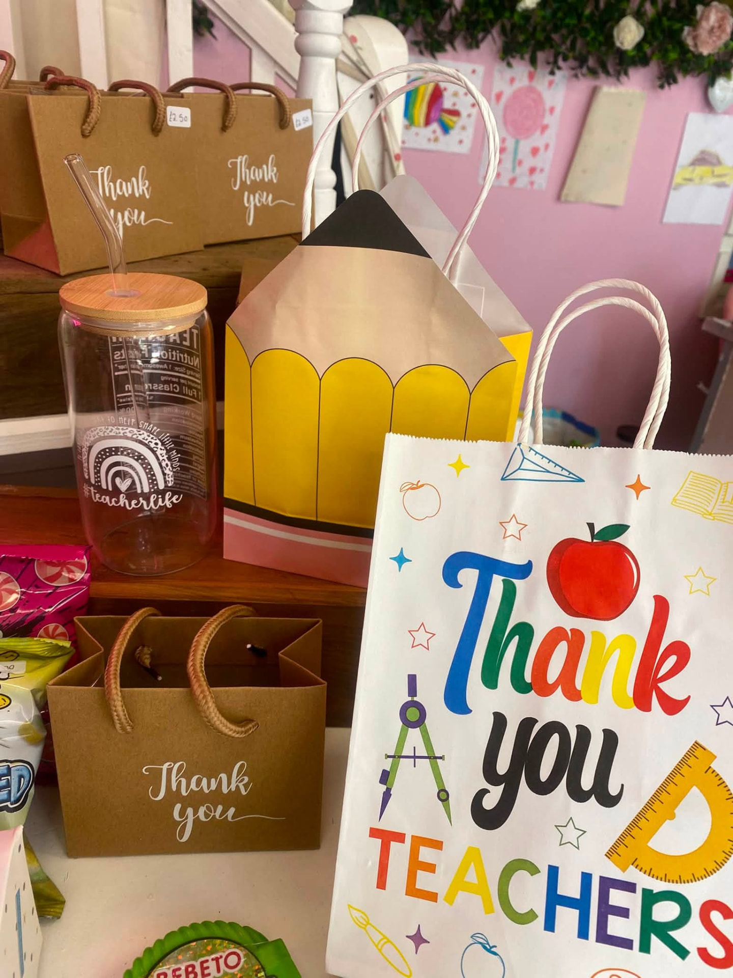 Teacher thank you gift bags and pencil themed packaging